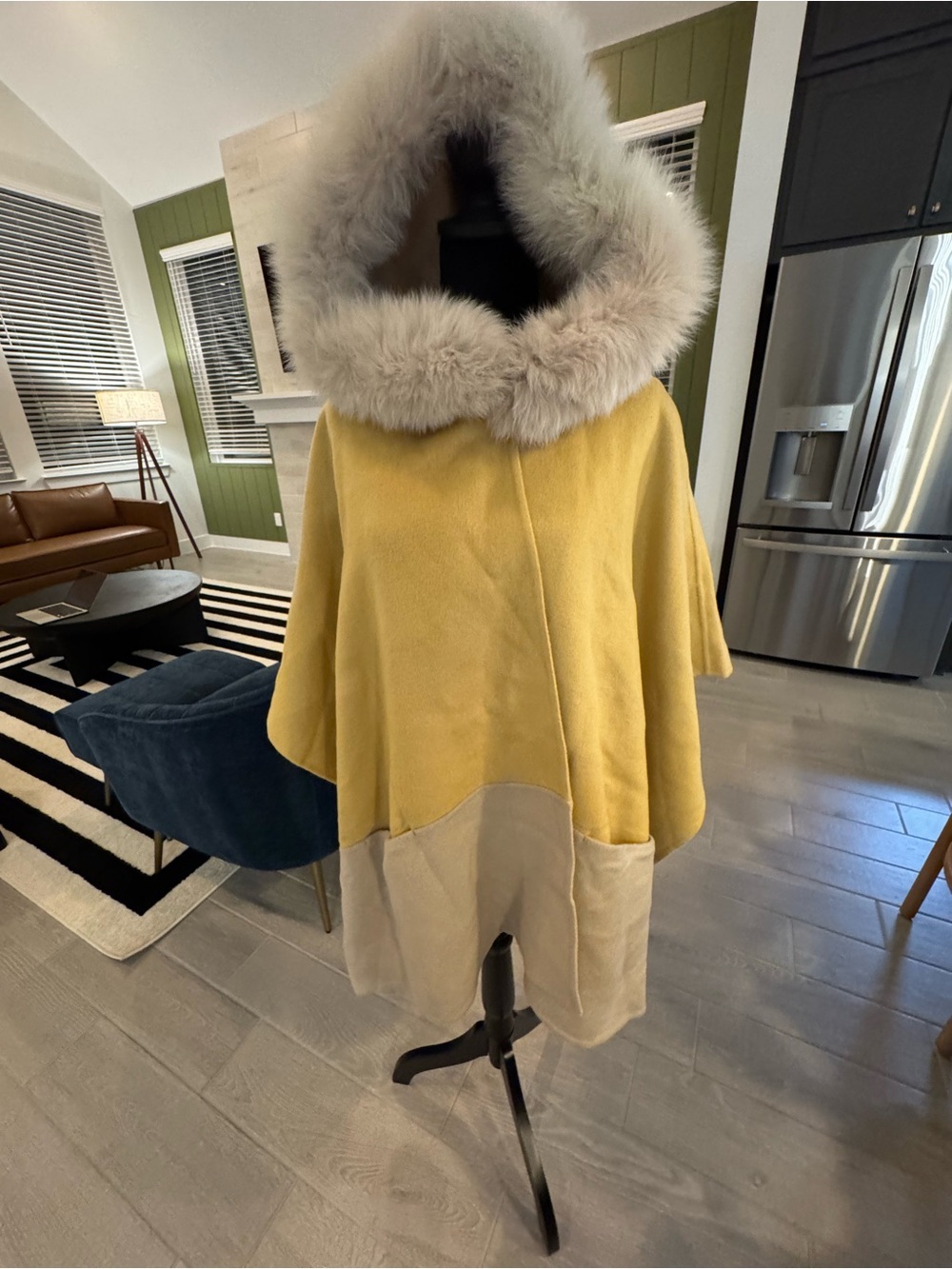 KB FUR Fox Fur Lined Hooded Wool Poncho Yellow Cream Colorblock Lagenlook VGUC